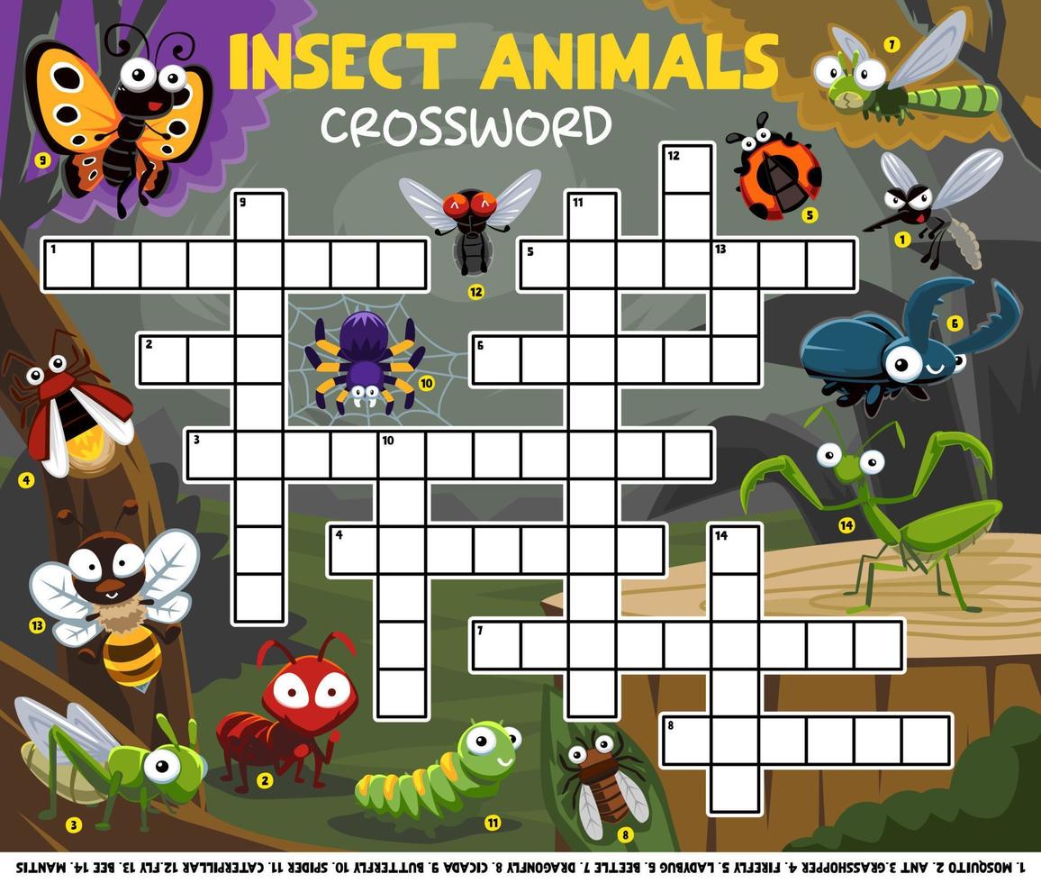 juego de educación crucigrama para aprender palabras en inglés con dibujos animados lindos insectos animales imagen hoja de trabajo imprimible vector