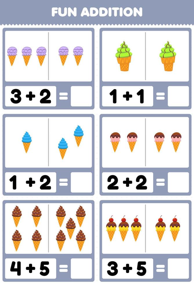 Education game for children fun addition by counting and sum cartoon food ice cream pictures worksheet vector