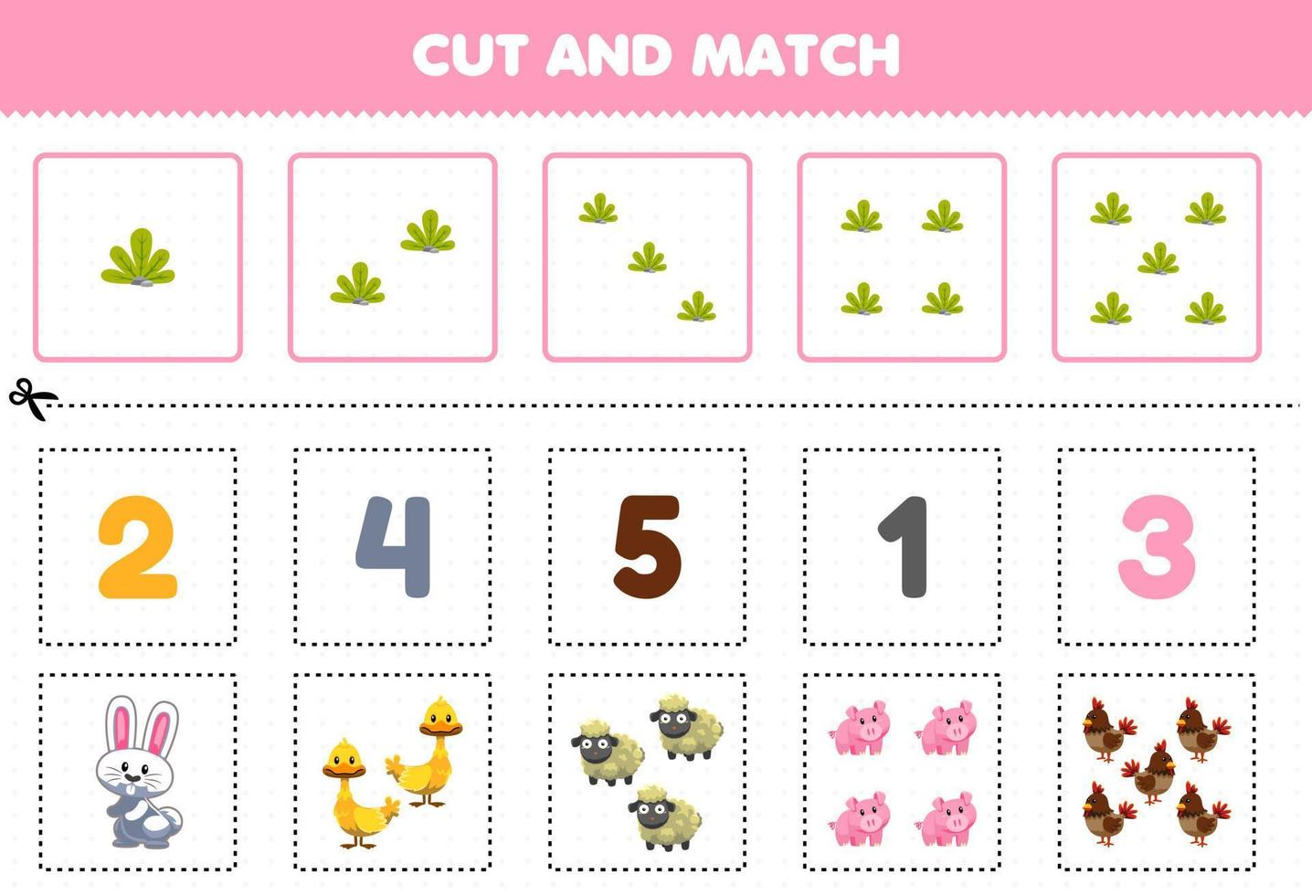 juego educativo para niños corta y combina la misma cantidad de hojas de trabajo imprimibles de animales de granja de dibujos animados lindos vector