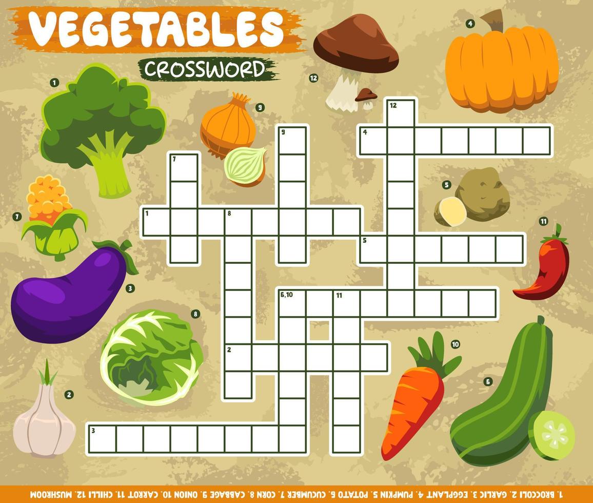 Juego educativo de crucigramas para aprender palabras en inglés con dibujos de verduras hoja de trabajo imprimible. vector