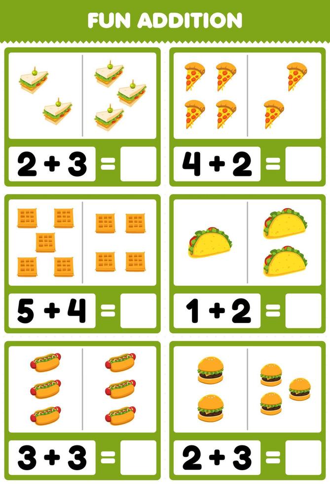 Education game for children fun addition by counting and sum cartoon food sandwich pizza waffle taco hotdog burger pictures worksheet vector