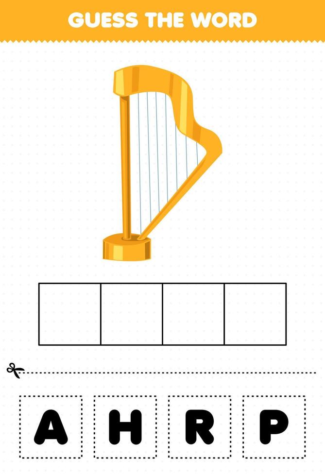 Education game for children guess the word letters practicing cartoon music instrument harp printable worksheet vector