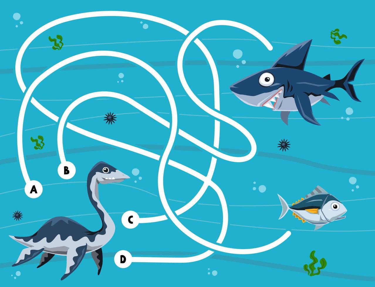 Maze puzzle game for children with cute cartoon prehistoric dinosaur plesiosaur megalodon and fish vector