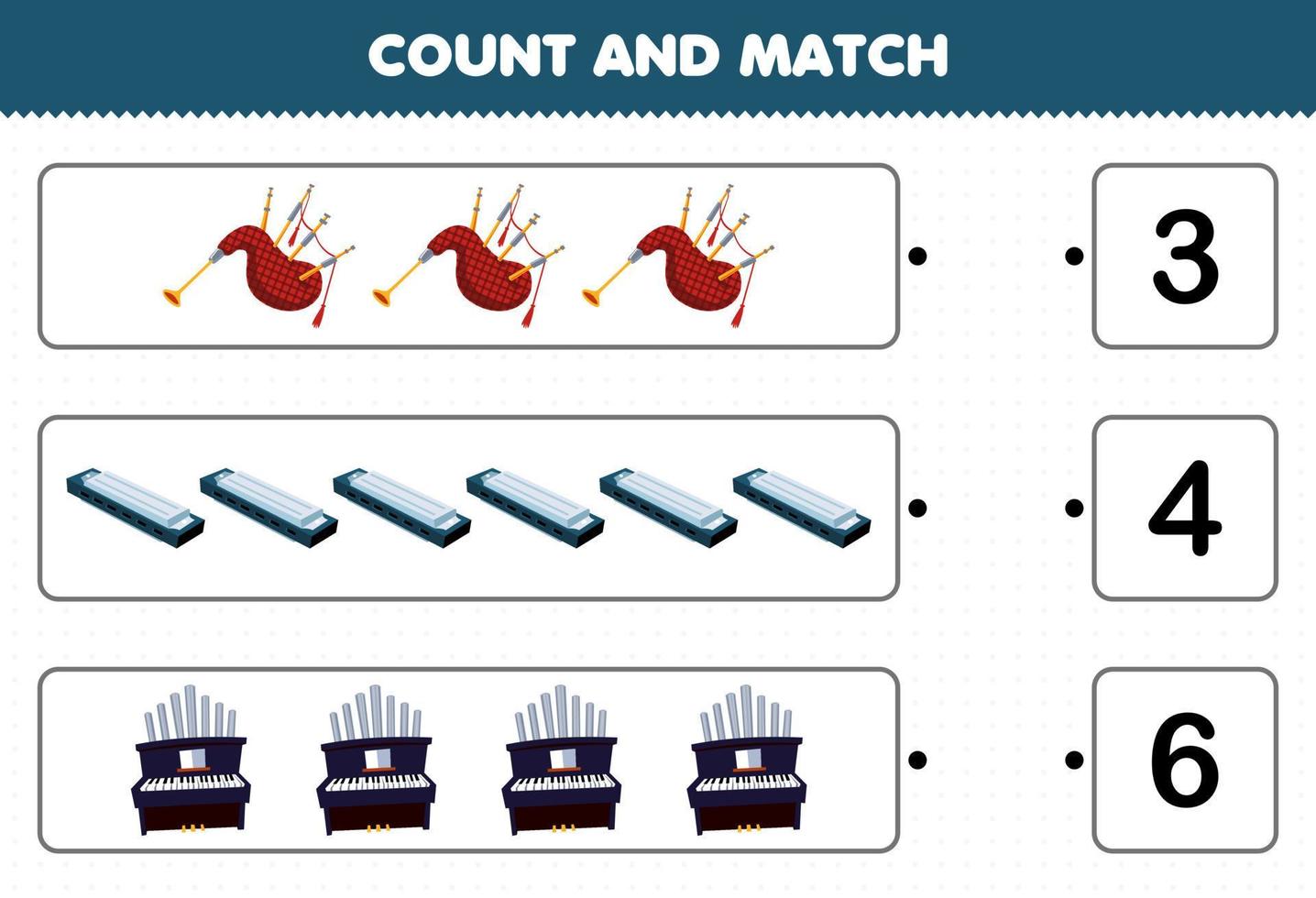 Education game for children count and match count the number of cartoon music instrument bagpipes harmonica organ and match with the right numbers printable worksheet vector