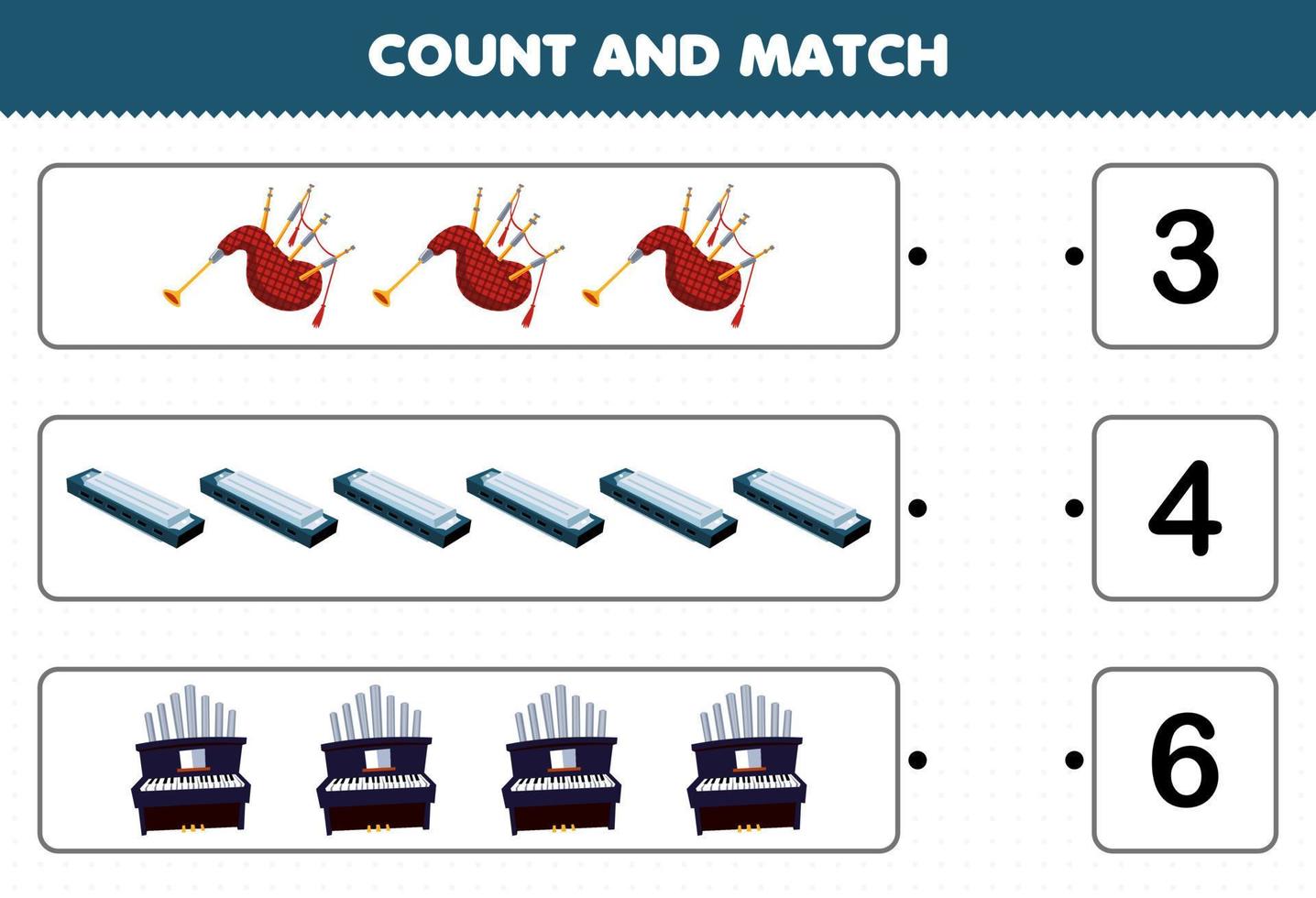 juego educativo para niños contar y combinar contar el número de instrumentos musicales de dibujos animados gaitas armónica órgano y combinar con los números correctos hoja de trabajo imprimible vector