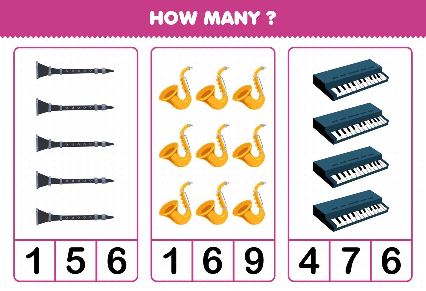 Education game for children counting how many cartoon music instrument clarinet saxophone keyboard printable worksheet vector