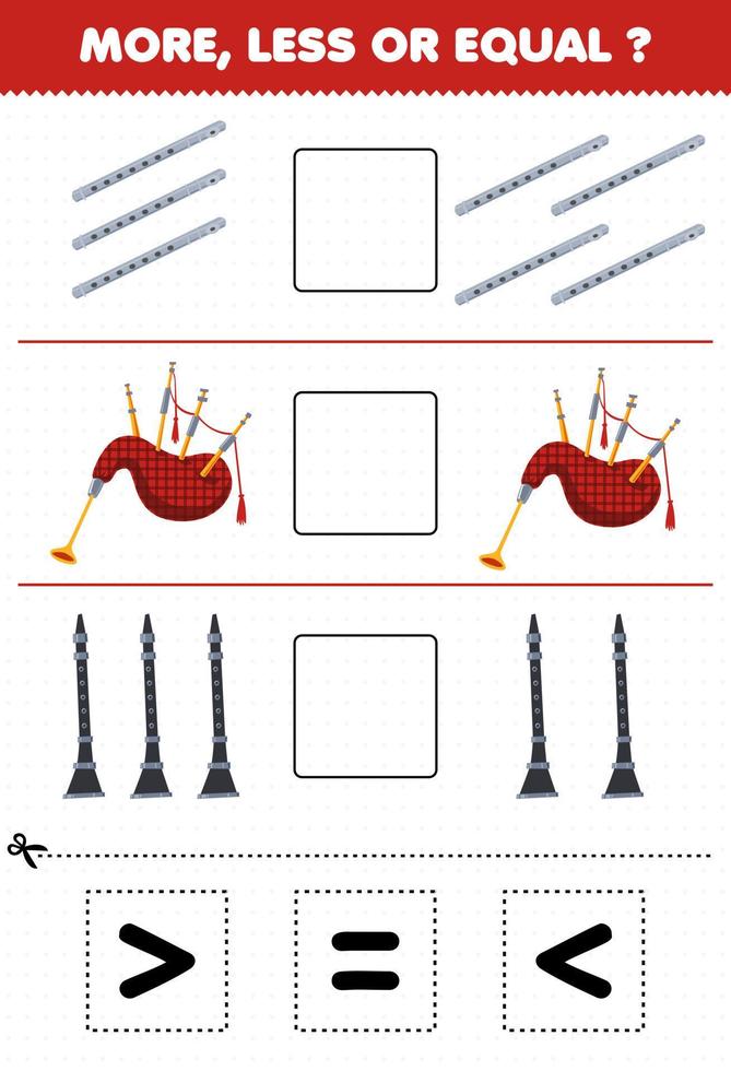 Education game for children more less or equal count the amount of cartoon music instrument flute bagpipes clarinet then cut and glue cut the correct sign vector