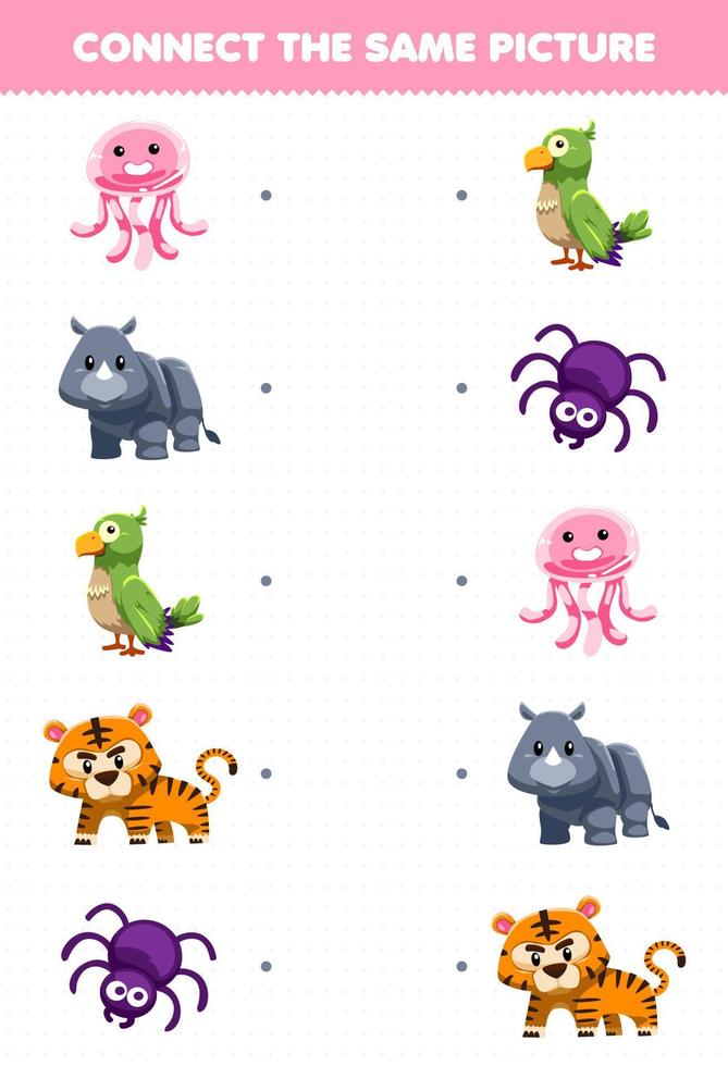 Education game for children connect the same picture of cute cartoon animal jellyfish rhino parakeet tiger spider printable worksheet vector