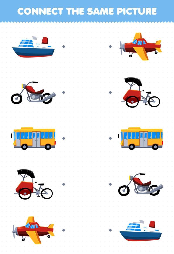 juego educativo para niños conecte la misma imagen de dibujos animados transporte transatlántico motocicleta autobús triciclo avión hoja de trabajo imprimible vector