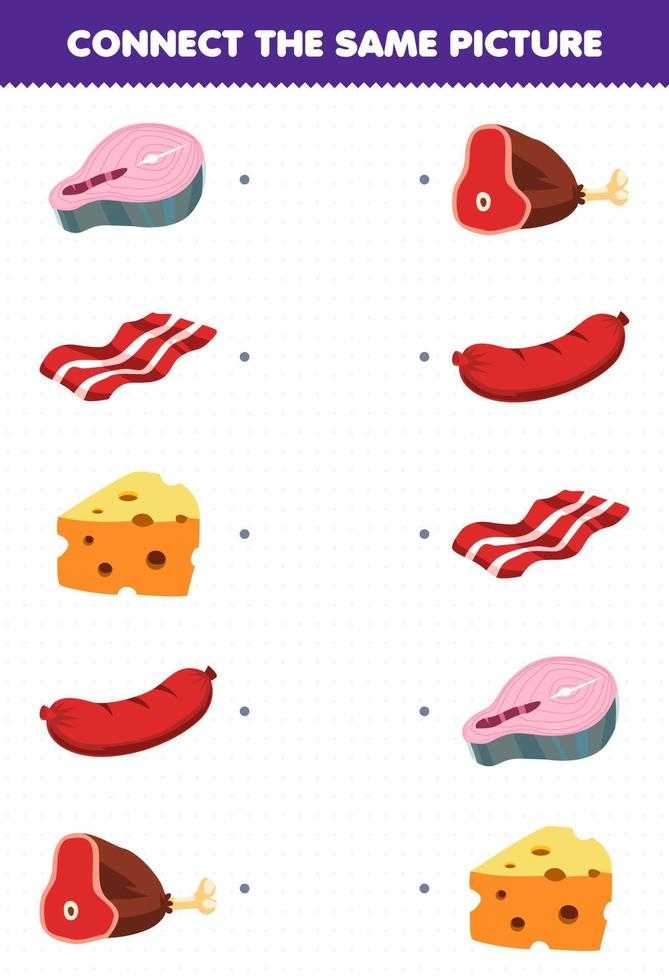 juego educativo para niños conectar la misma imagen de comida de dibujos animados salmón tocino queso salchicha carne de res hoja de trabajo imprimible vector