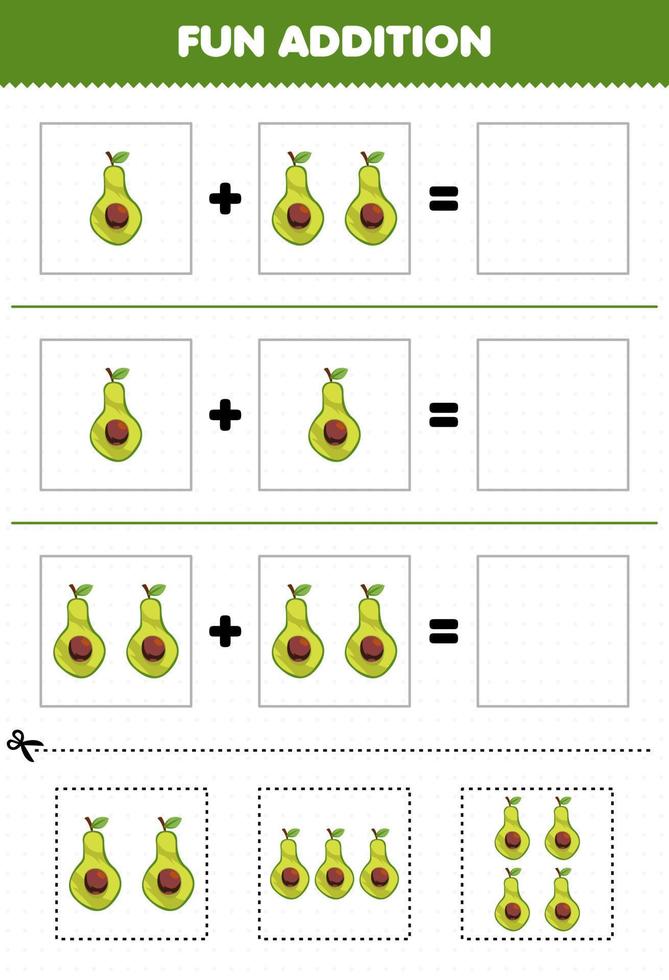 Education game for children fun addition by cut and match cartoon fruit avocado pictures worksheet vector