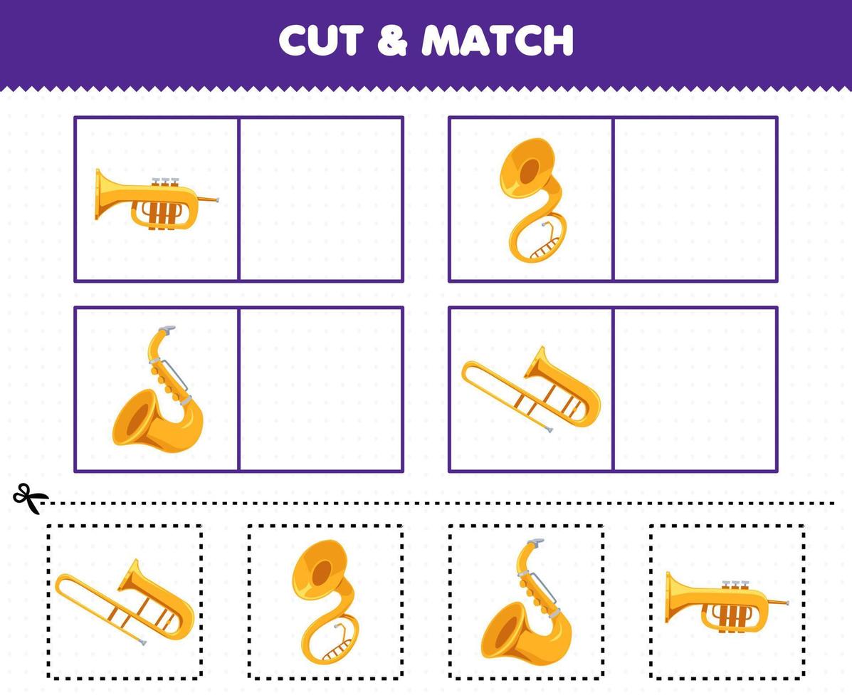 juego educativo para niños corta y combina la misma imagen del saxofón de trompeta de instrumento musical de dibujos animados vector