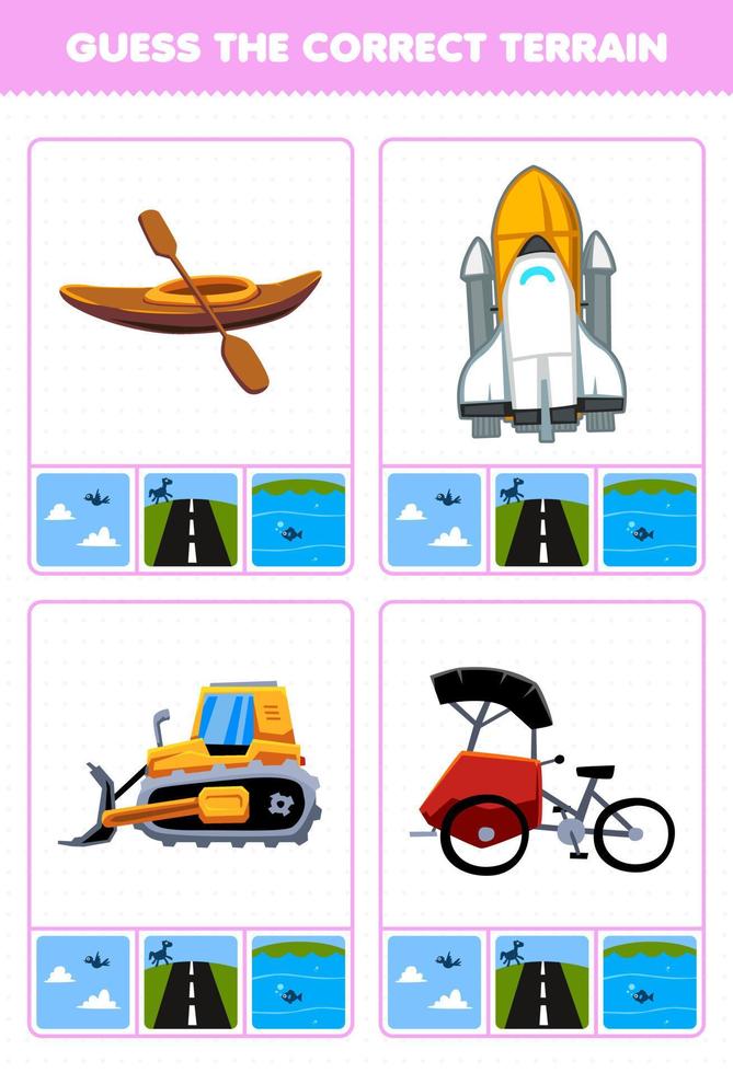 Education game for children guess the correct terrain air land or water of cartoon transportation kayak spaceship bulldozer pedicap printable worksheet vector