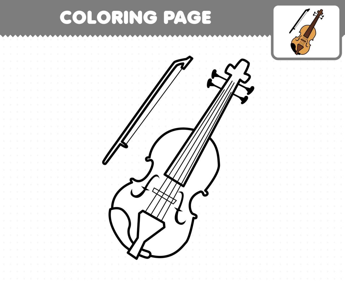 juego educativo para niños página para colorear dibujos animados instrumento musical violín hoja de trabajo imprimible vector