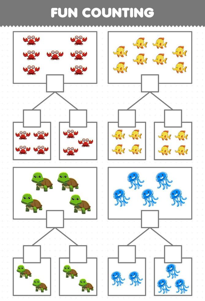 juego educativo para niños diversión contando imagen en cada caja de dibujos animados lindo animal submarino cangrejo pez tortuga medusa hoja de trabajo imprimible vector