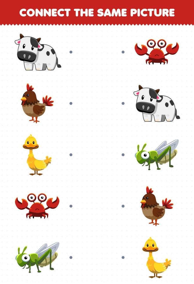 juego educativo para niños conecta la misma imagen de un lindo animal de dibujos animados vaca pollo pato cangrejo saltamontes hoja de trabajo imprimible vector