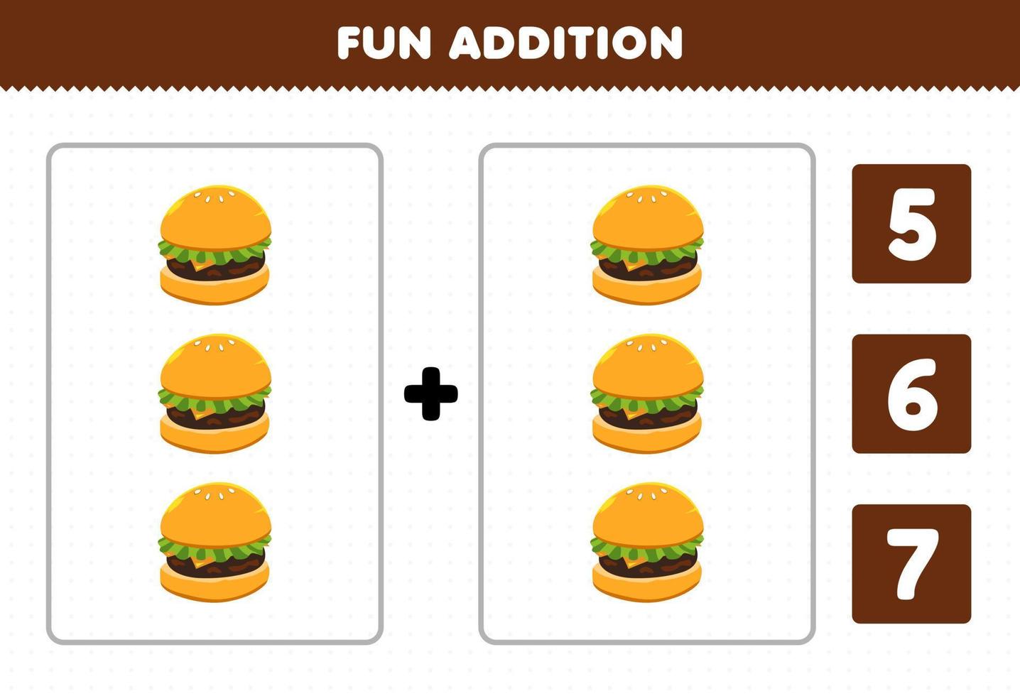 Education game for children fun addition by count and choose the correct answer of cartoon food burger printable worksheet vector