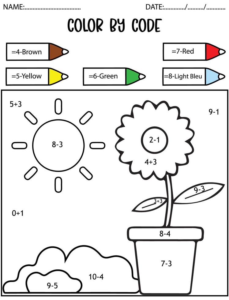 Spring holiday counting game,color by code,math activity for kids vector