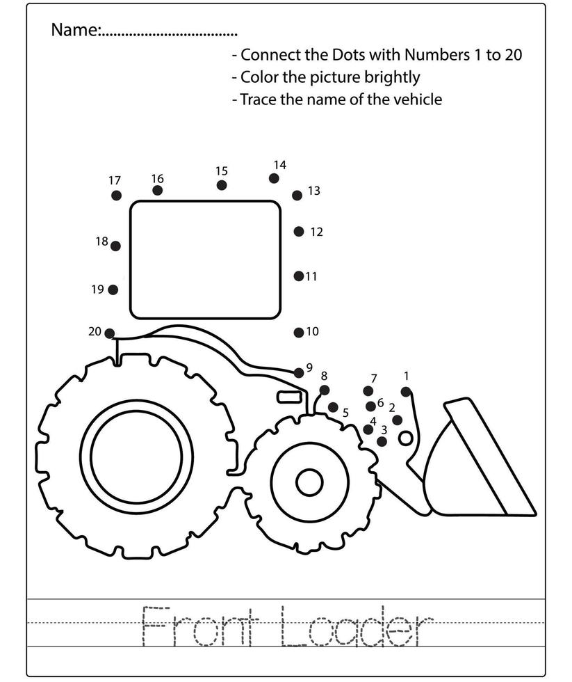 Dot to dot kids puzzle worksheet cartoon drawing construction vehicle. Trace and Color Educational game. vector