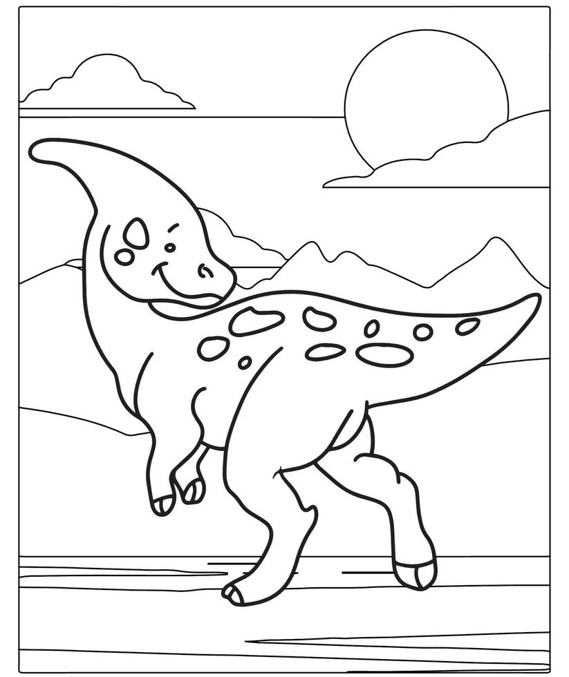 hermosa página para colorear dinosaurios para niños. Pintada a mano en estilo de dibujos animados con una hermosa imagen para colorear. Parque jurásico. paisaje prehistórico imprimible. vector