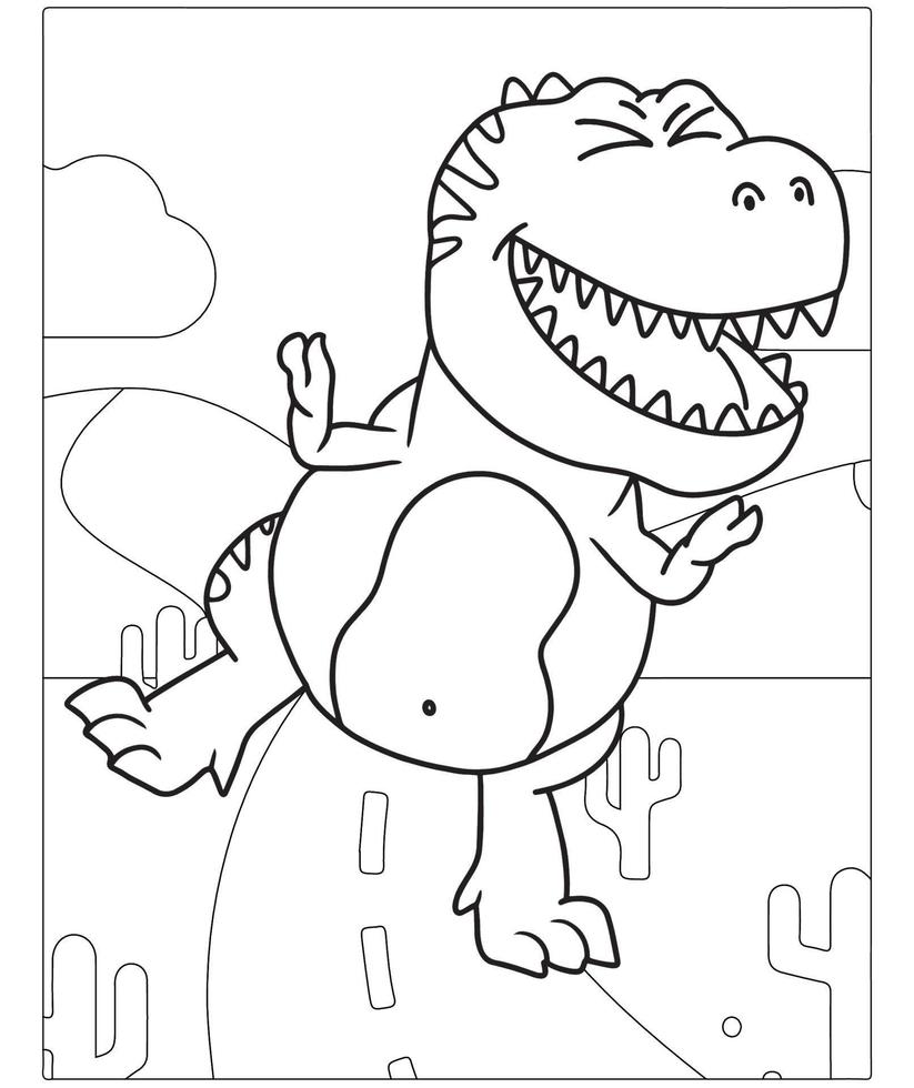 hermosa página para colorear dinosaurios para niños. Pintada a mano en estilo de dibujos animados con una hermosa imagen para colorear. Parque jurásico. paisaje prehistórico imprimible. vector