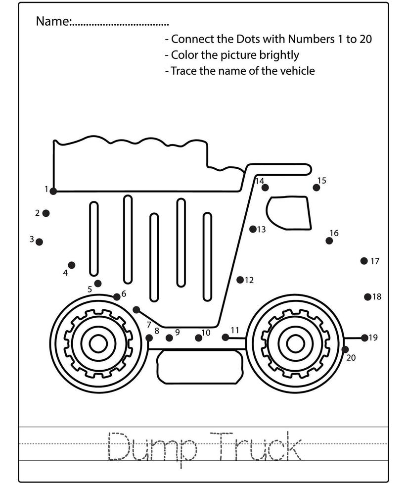 Dot to dot kids puzzle worksheet cartoon drawing construction vehicle. Trace and Color Educational game. vector