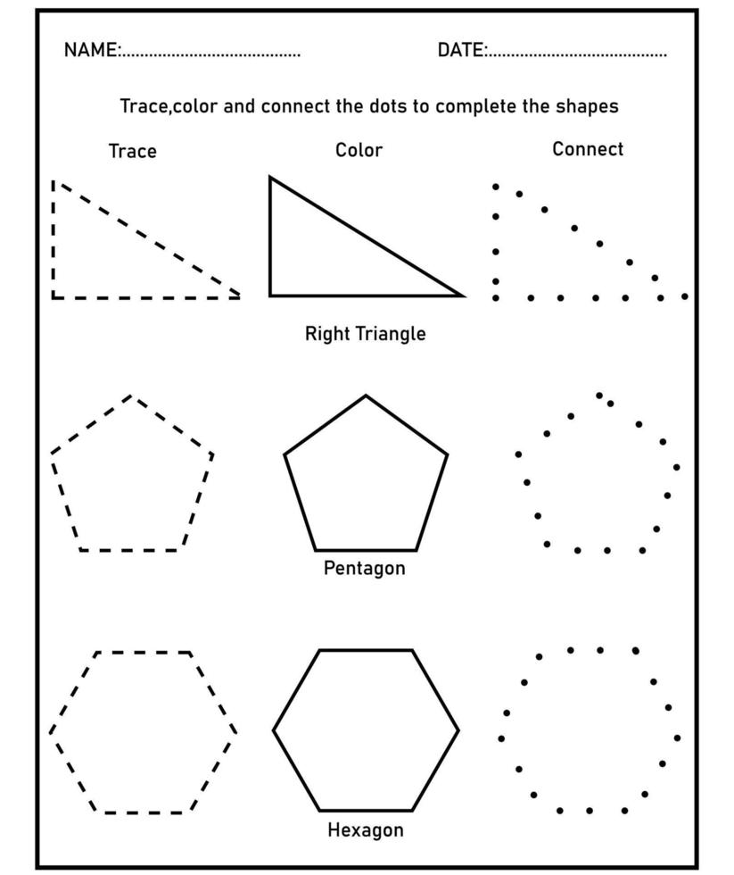 Tracing shapes, Learn shapes and geometric figures. Preschool or kindergarten worksheet. vector