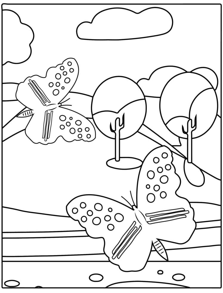 Página para colorear de personaje de mariposa de dibujos animados en blanco y negro para niños actividad de primavera. vector