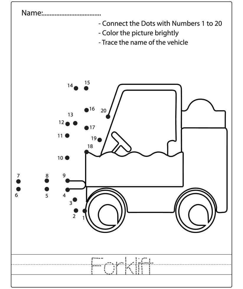 Dot to dot kids puzzle worksheet cartoon drawing construction vehicle. Trace and Color Educational game. vector