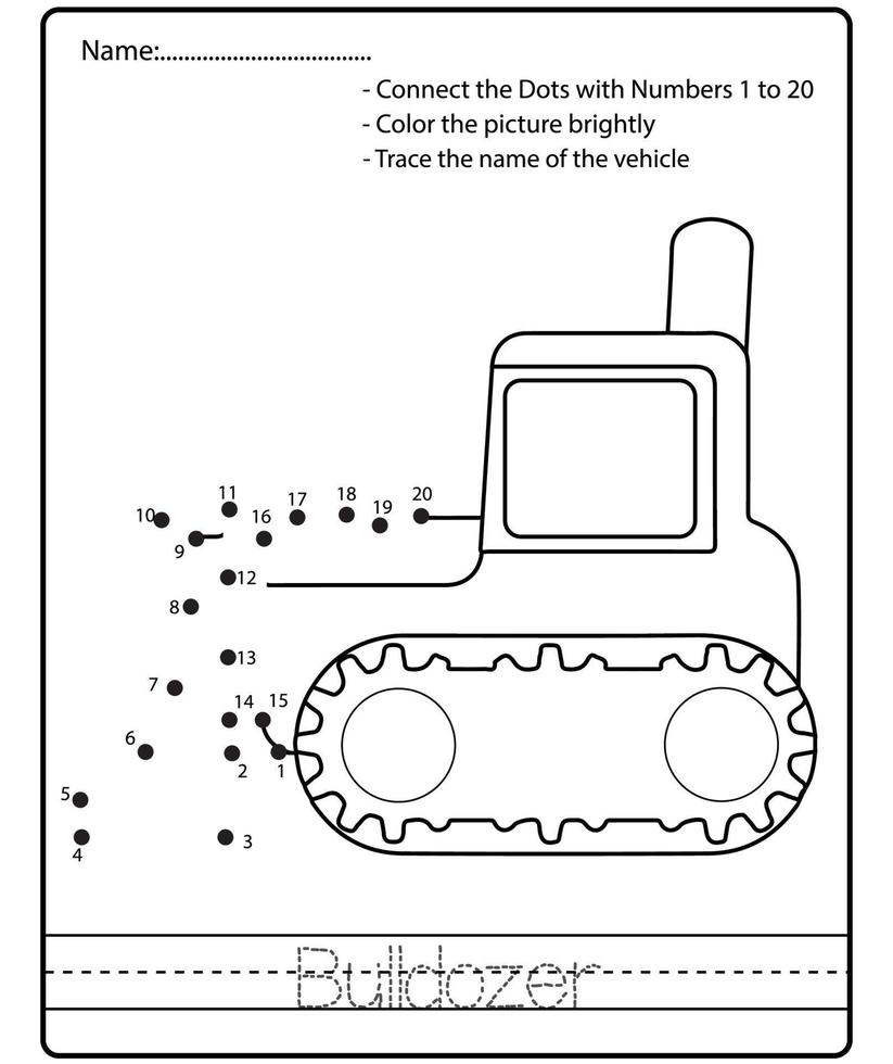 Dot to dot kids puzzle worksheet cartoon drawing construction vehicle. Trace and Color Educational game. vector