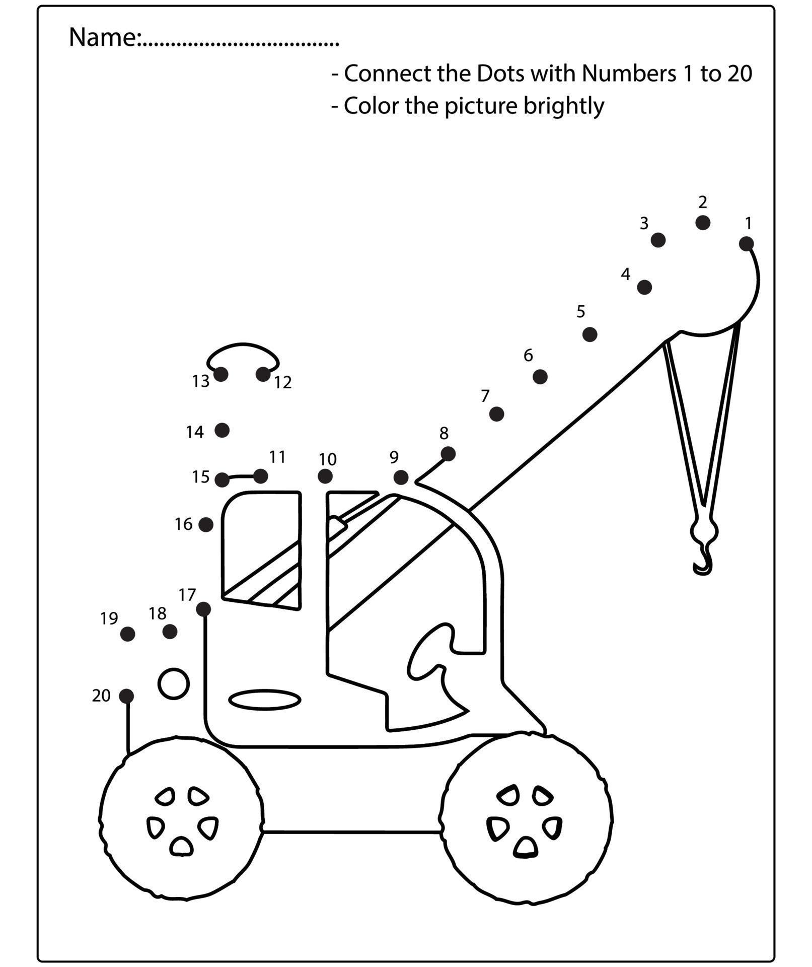 Dot to dot kids puzzle worksheet cartoon drawing construction vehicle