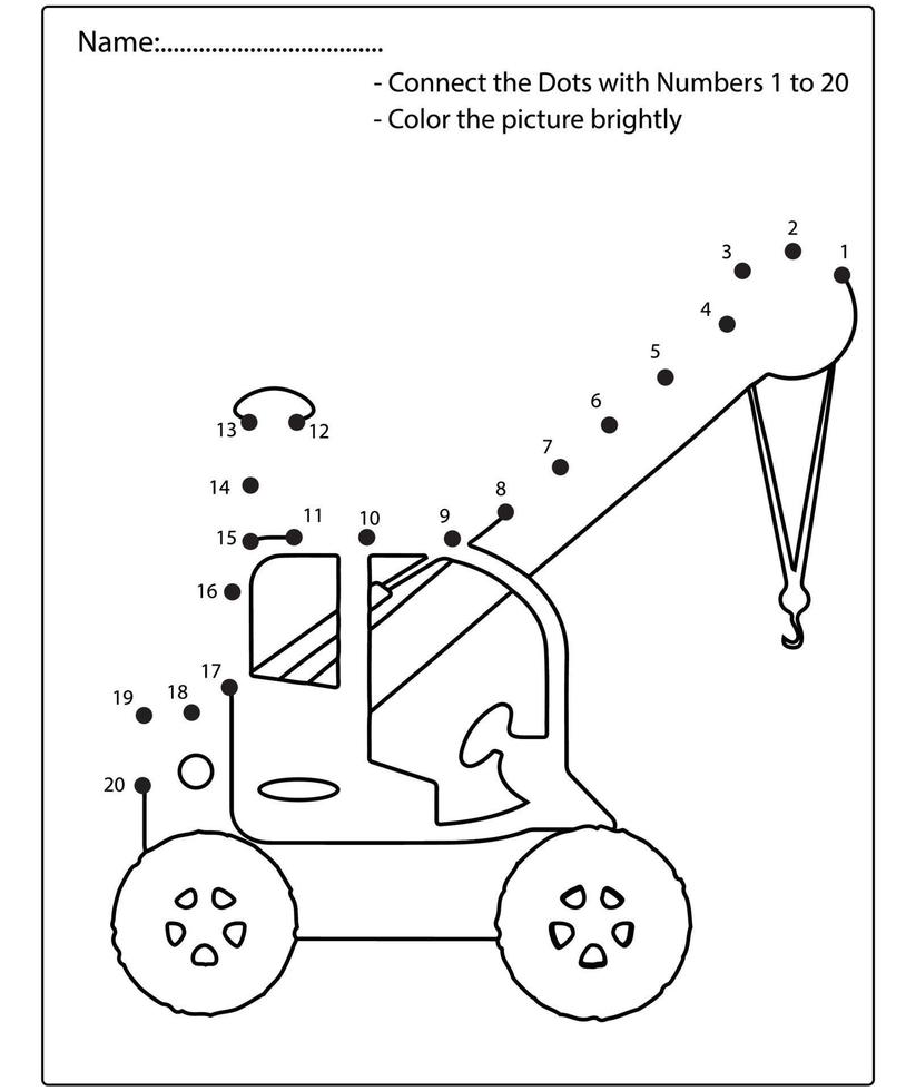 Dot to dot kids puzzle worksheet cartoon drawing construction vehicle. Trace and Color Educational game. vector