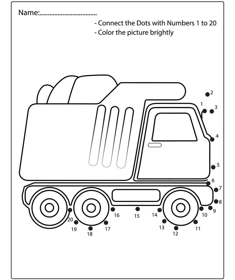 Dot to dot kids puzzle worksheet cartoon drawing construction vehicle. Trace and Color Educational game. vector