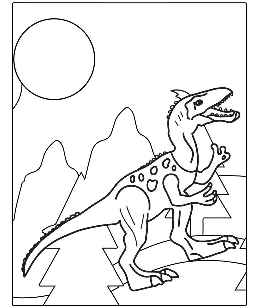 hermosa página para colorear dinosaurios para niños. Pintada a mano en estilo de dibujos animados con una hermosa imagen para colorear. Parque jurásico. paisaje prehistórico imprimible. vector