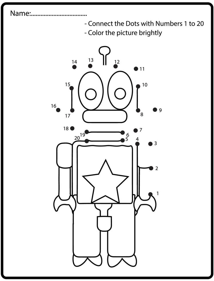 juego educativo de rompecabezas de punto a punto con robot de fideos para niños, ilustración vectorial vector