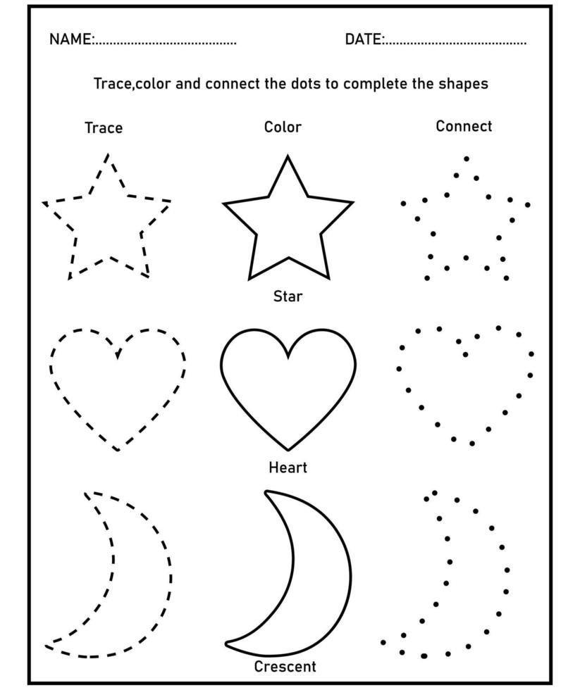 Trazar formas, aprender formas y figuras geométricas. hoja de trabajo de preescolar o jardín de infantes. vector