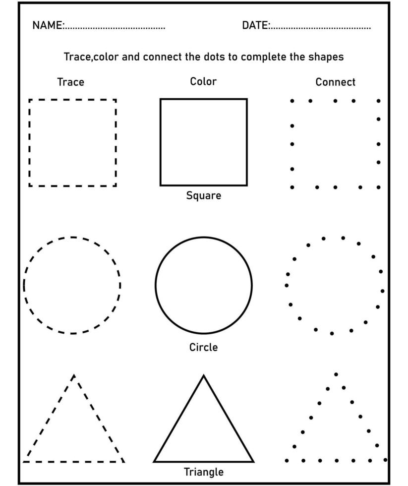 Tracing shapes, Learn shapes and geometric figures. Preschool or kindergarten worksheet. vector