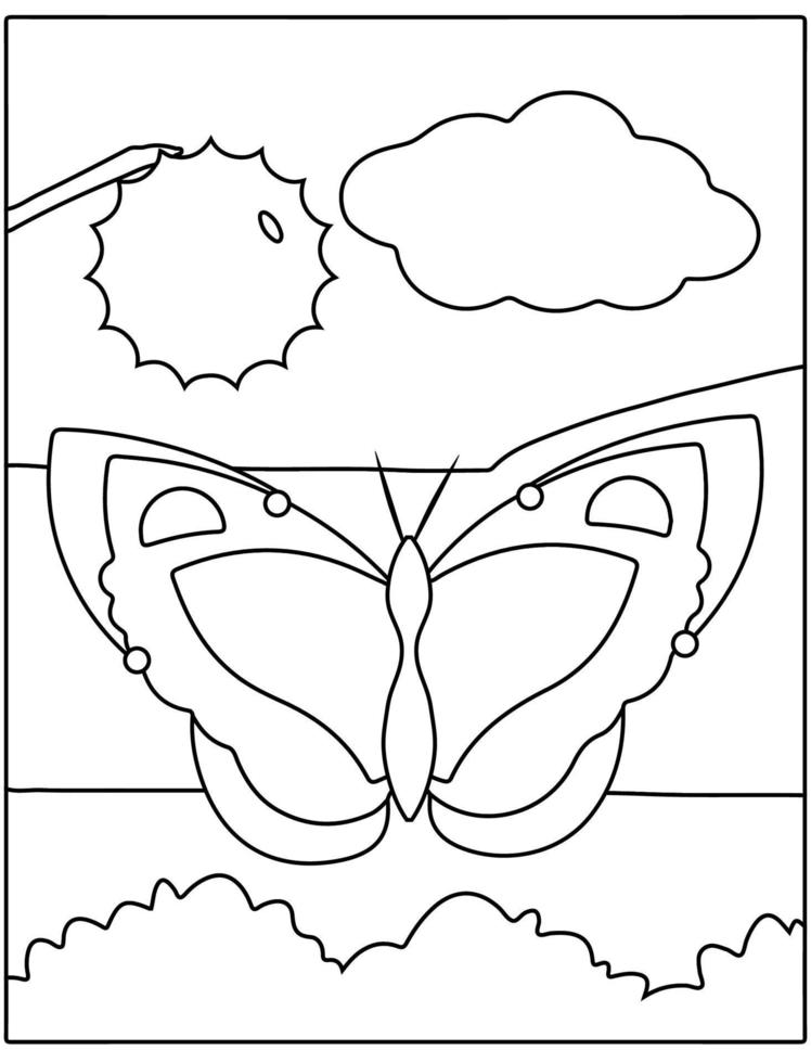 Black and white cartoon butterfly character coloring page for kids spring activity. vector