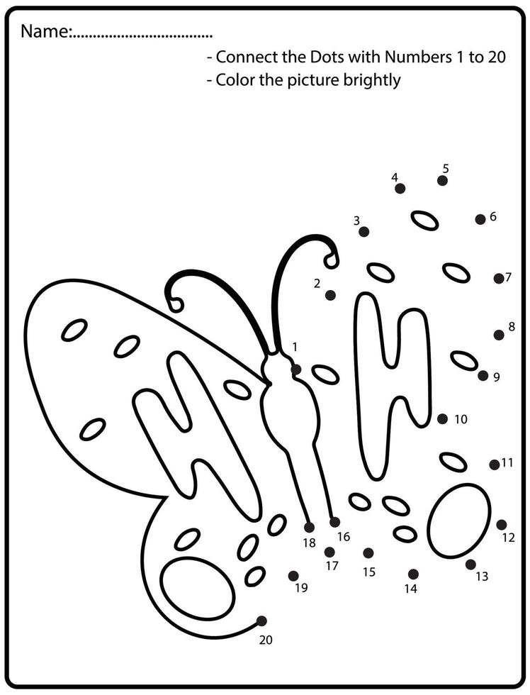 Connect the dots children educational drawing game. .Numbers activity for kids and toddlers. with butterfly vector