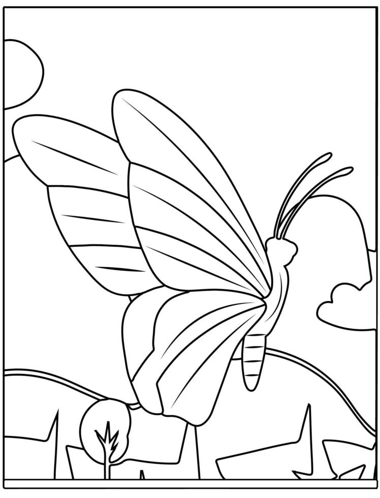 Black and white cartoon butterfly character coloring page for kids spring activity. vector