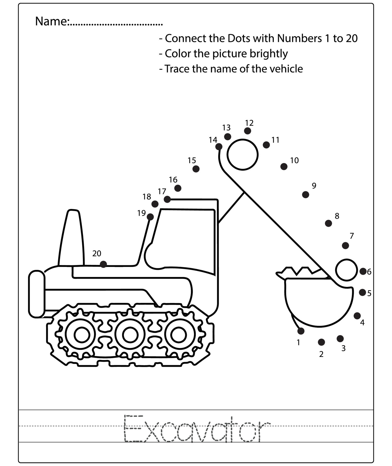 Dot to dot kids puzzle worksheet cartoon drawing construction vehicle