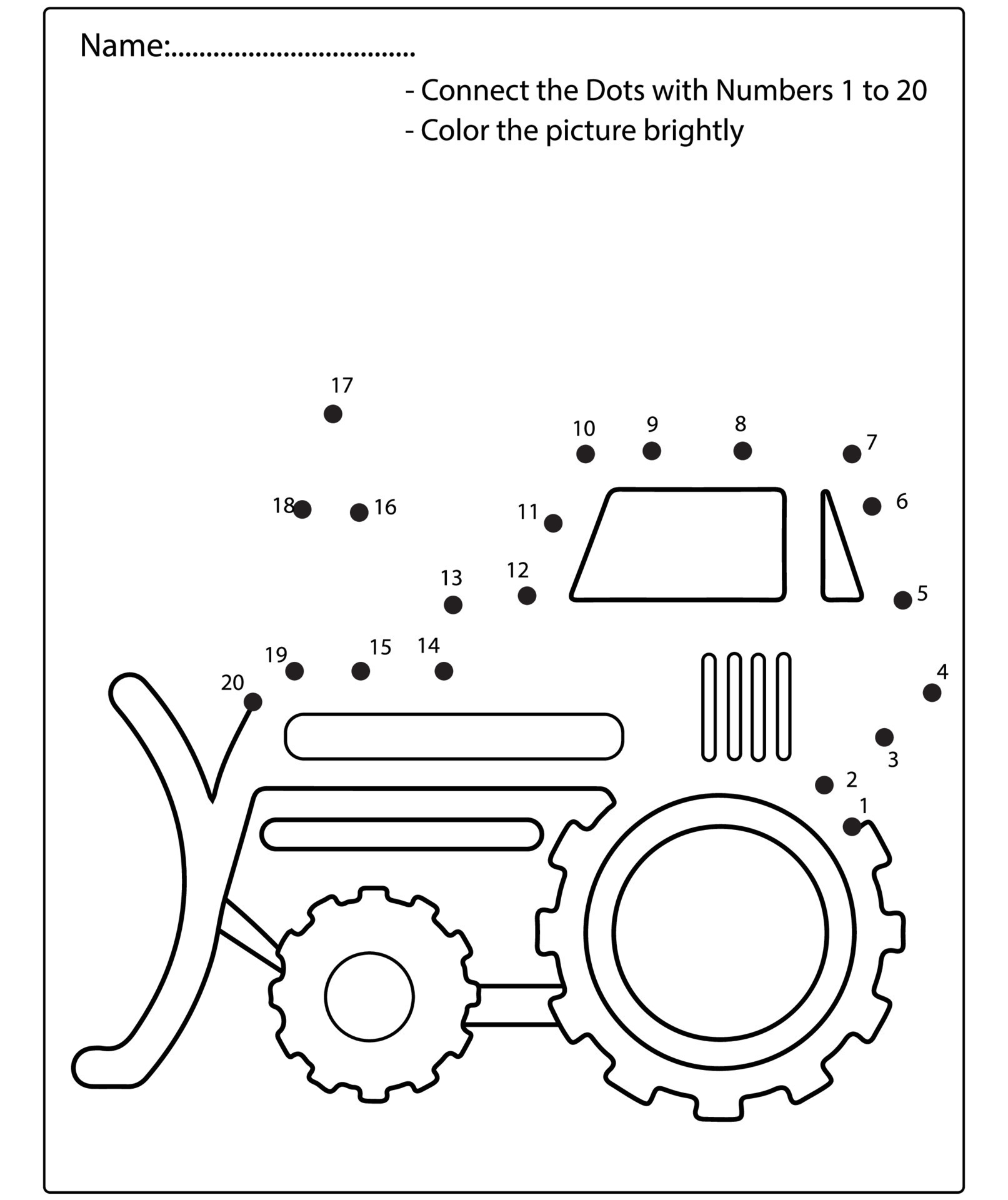 Dot to dot kids puzzle worksheet cartoon drawing construction vehicle