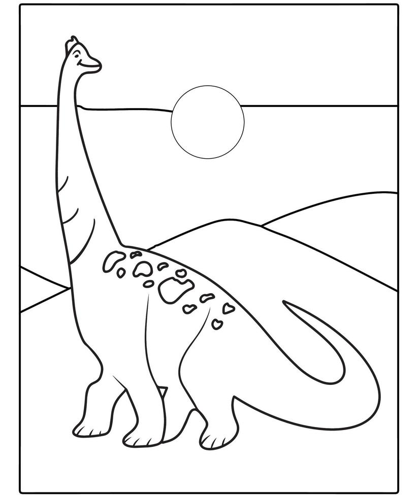 hermosa página para colorear dinosaurios para niños. Pintada a mano en estilo de dibujos animados con una hermosa imagen para colorear. Parque jurásico. paisaje prehistórico imprimible. vector