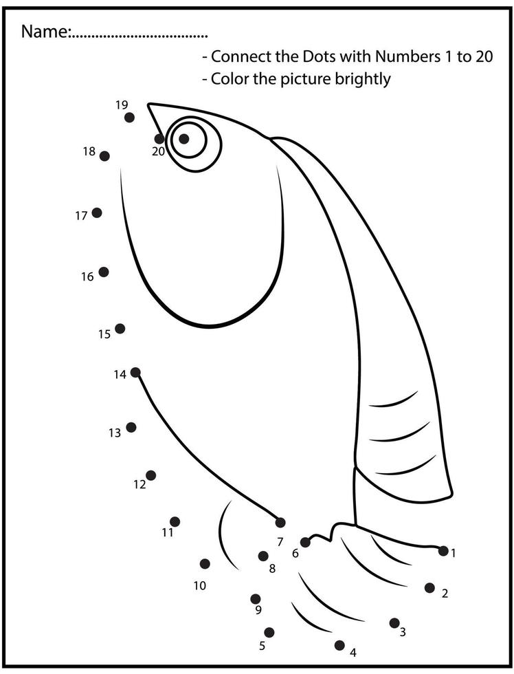 Juego de educación de números de animales del océano punto a punto con peces lindos. vector