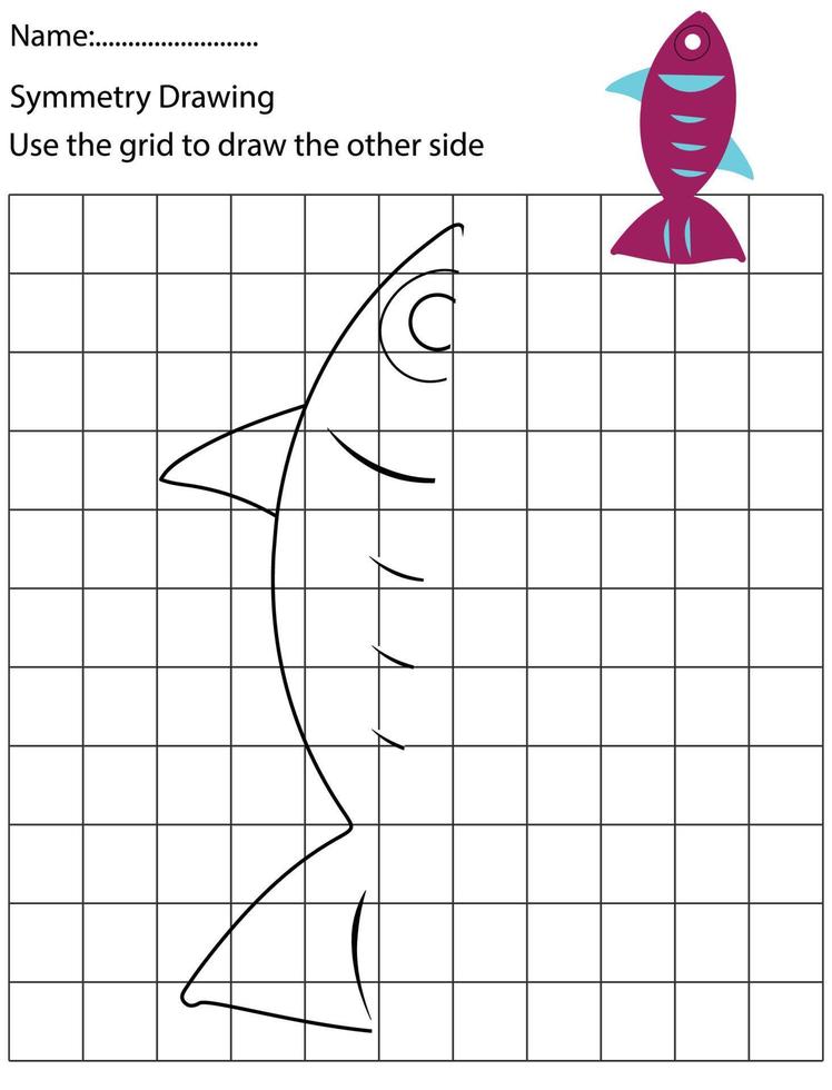 Complete the picture, black and white cartoon fish, drawing skills training,kids preschool activity. vector