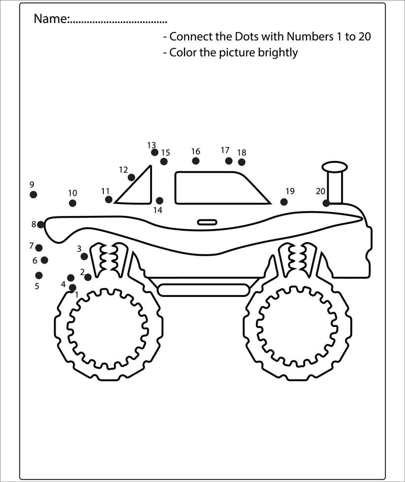 Connect the dot and color Monster Truck game for preschool kids with simple educational gaming level. vector