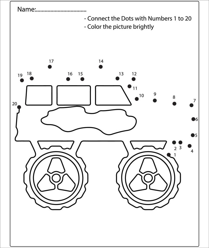 Connect the dot and color Monster Truck game for preschool kids with simple educational gaming level. vector