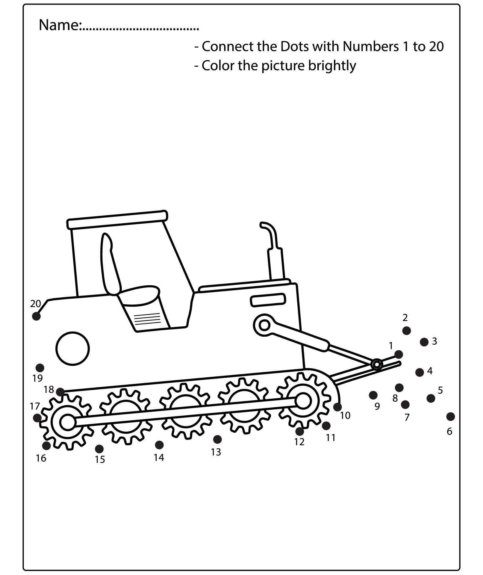 Dot to dot kids puzzle worksheet cartoon drawing construction vehicle