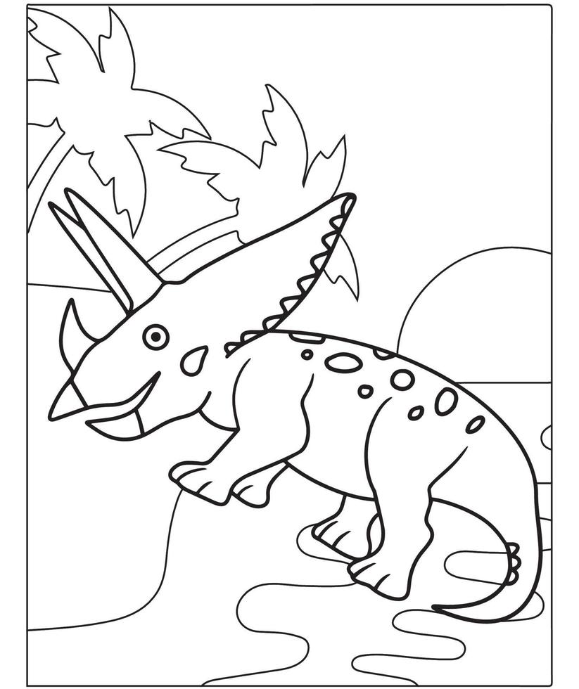 hermosa página para colorear dinosaurios para niños. Pintada a mano en estilo de dibujos animados con una hermosa imagen para colorear. Parque jurásico. paisaje prehistórico imprimible. vector