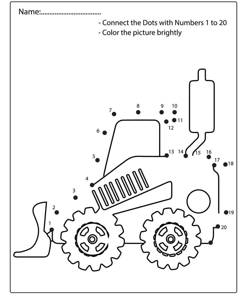 Dot to dot kids puzzle worksheet cartoon drawing construction vehicle. Trace and Color Educational game. vector